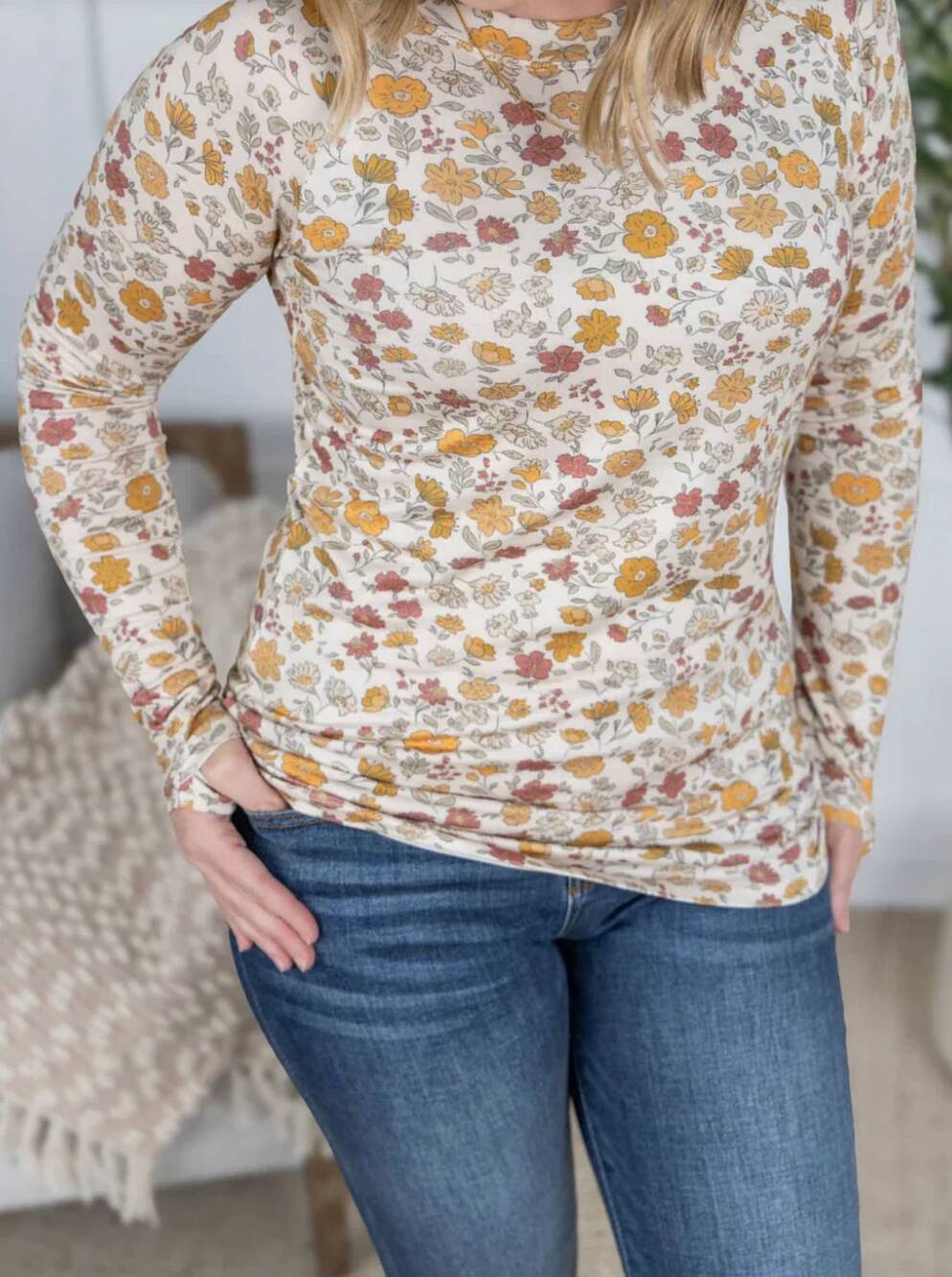 NEW MICHELLE MAE effortlessly chic floral long sleeve top in beige